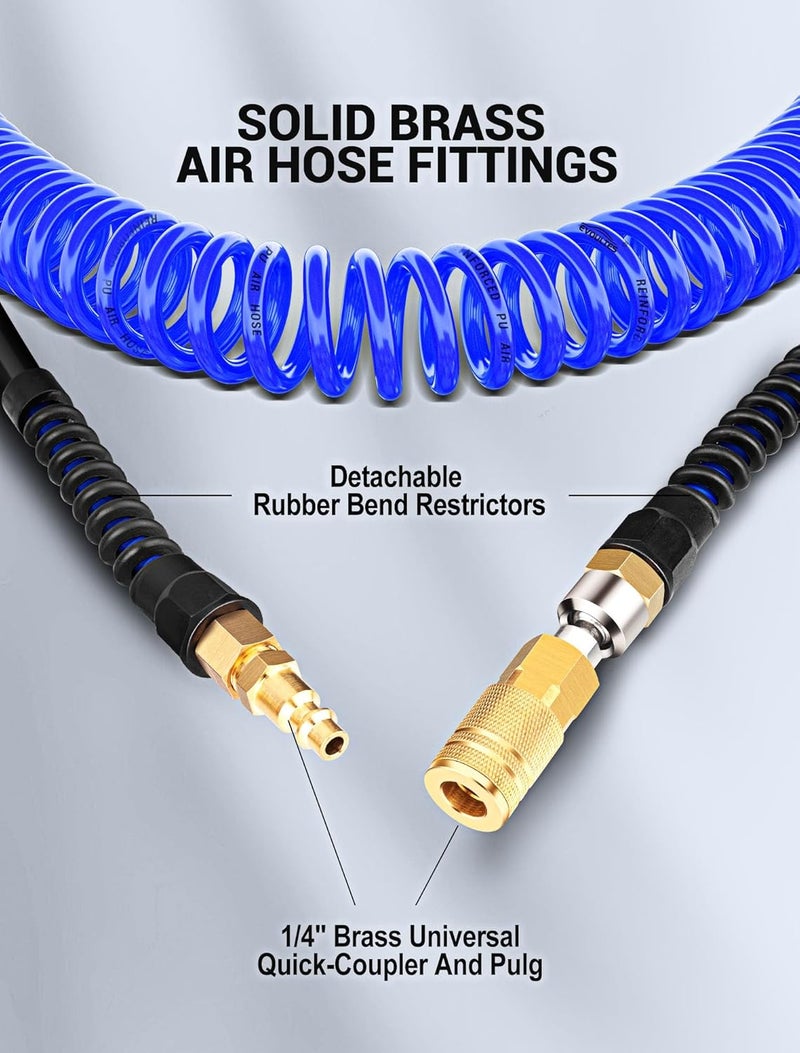 EVOULTES 1/4 In x 28 Ft Polyurethane Recoil Air Compressor Hose, Upgraded Air Hose with Repairable Bend Restrictor, Air Hose kit w/ 360° Swivel 1/4" NPT Coupler & Brass Quick Connect Air Fittings - Image 5